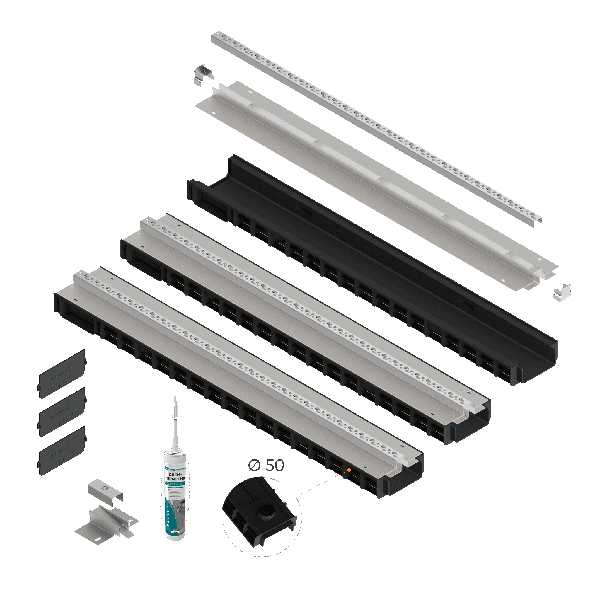 Комплект Basic для террасы DN100 Н80, с пластиковыми лотками и щелевой стальной насадкой, 3м.