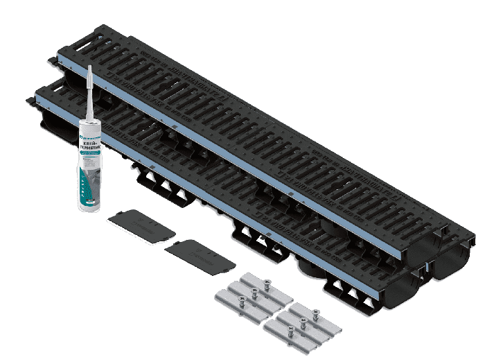Комплект водоотведения Basic для въезда в гараж DN100 H83, с пластиковыми лотками и чугунными решетками, 3м.