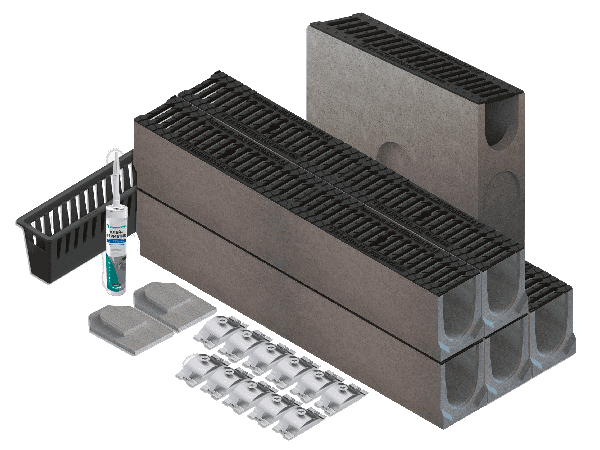 Комплект водоотведения Basic для пешеходной зоны DN100 H125, с бетонными лотками и чугунными решетками, 5,5 м.