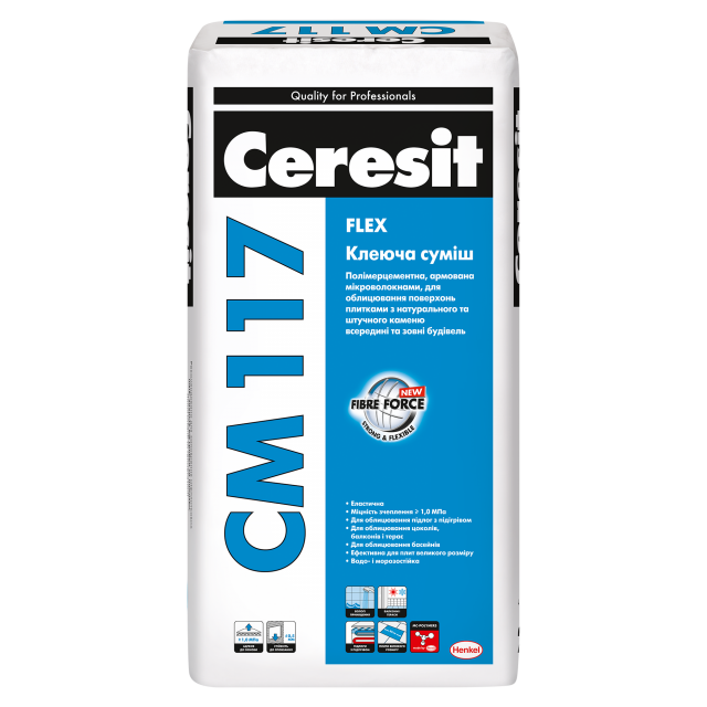 CERESIT CM 117 FLEX Полімерцементна, армована мікроволокнами клеюча суміш, для облицювання поверхонь плитками з натурального та штучного каменю всередині та зовні будівель