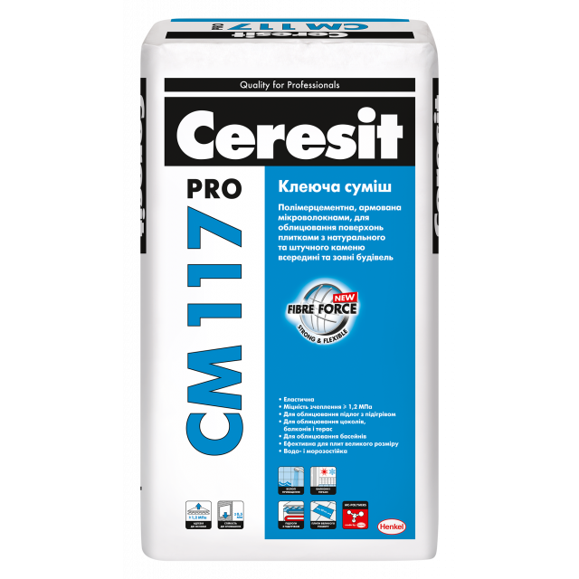 CERESIT CM 117 PROПолімерцементна, армована мікроволокнами клеюча суміш, для облицювання поверхонь плитками з натурального та штучного каменю всередині та зовні будівель, 27 кг