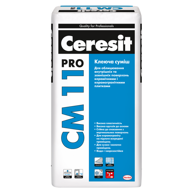 CERESIT CM 11 PRO Клеящая смесь для облицовки внутренних и внешних поверхностей керамическими и керамогранитными плитками, 27 кг