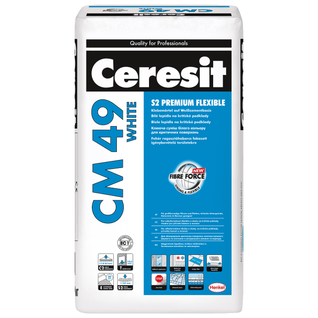 CERESIT CM 49 WHITE S2 PREMIUM FLEXIBLE Высокоэластичная специальная клеющая смесь для плитки с большим запасом прочности, 20 кг