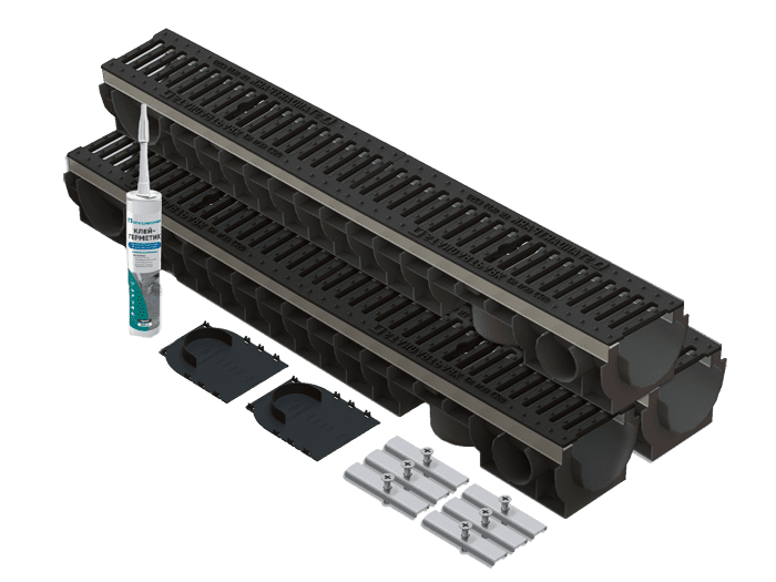 Комплект водоотведения Basic для въезда в гараж DN100 H123, с пластиковыми лотками и чугунными решетками, 3м.