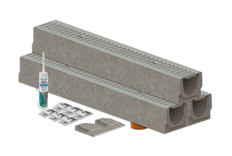 Комплект водоотведения Basic для пешеходной зоны DN100 H125, с бетонными лотками и решетками с оцинкованной стали, 3м.